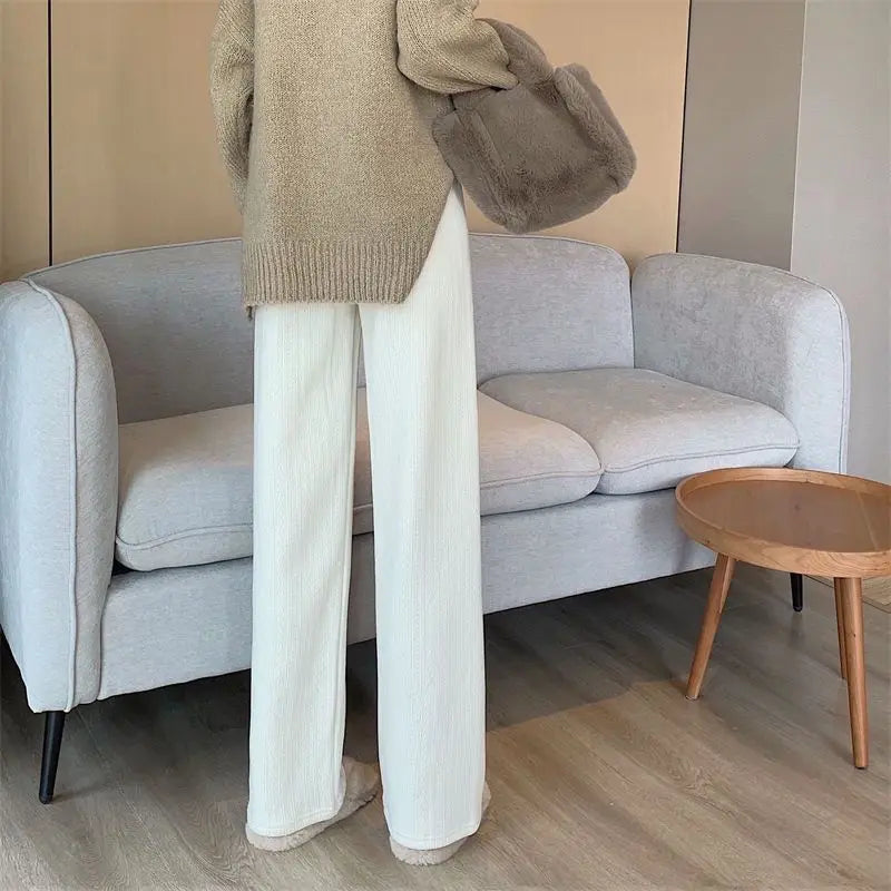 Women Autumn Winter Wide-Leg Pants High-Waist Casual Drape Loose Straight Pants Fleece Elastic Waist Fashion Mopping Pants