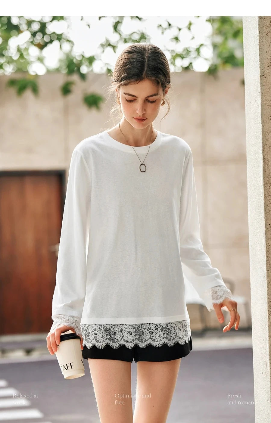 OLrain Cotton White T-shirt Women 2025 Autumn Casual Loose Tee Shirt Crewneck Lace Long Sleeve Tops Woman Clothing N57CT95669