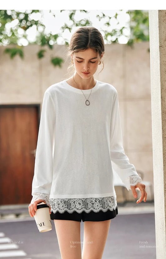 OLrain Cotton White T-shirt Women 2025 Autumn Casual Loose Tee Shirt Crewneck Lace Long Sleeve Tops Woman Clothing N57CT95669