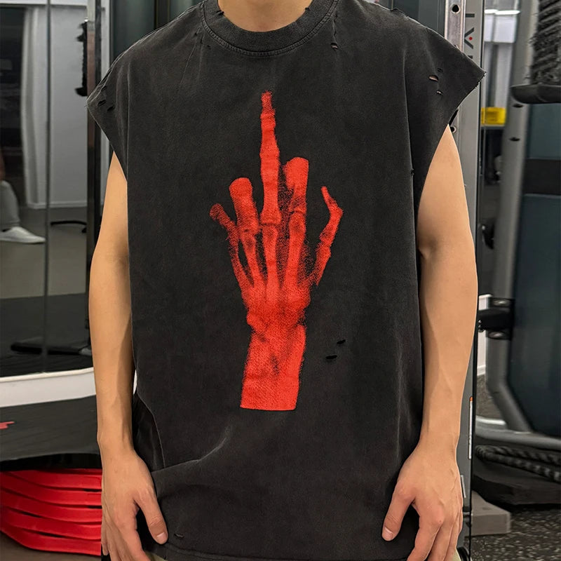 Red Skull Finger Print Damaged Hole Saint Tank Tee Men Women Streetwear Oversized Vest Vintage Washe Black Sleeveless T Shirt