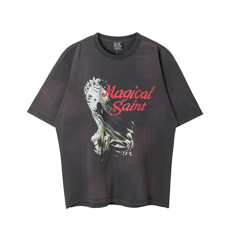 Vintage Series Saint Round Neck Sexy Robot Printed Casual High Quality Oversized T Shirt Harajuku Streetwear Men