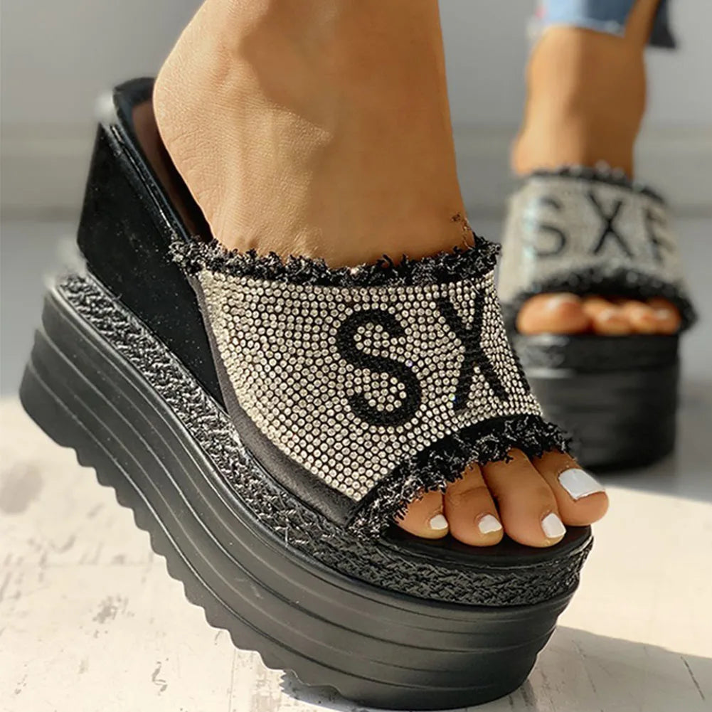Newest Ladies Shoes Crystals Wedges Woemn's High Heels Leisure Summer Sandals Female Thick Sole Diamond Platform Mules Slippers