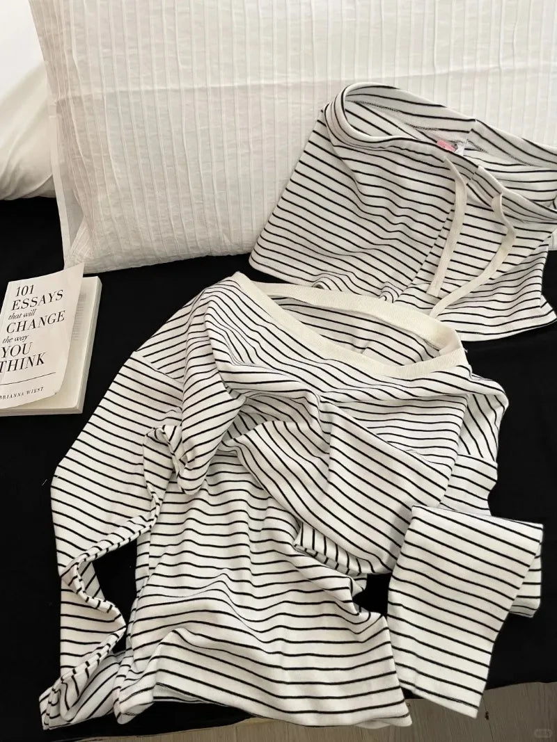 Striped Sleepwear Women Pajama Shorts Sets Long Sleeve Piiama Casual 2 Pieces Night Wears Summer Korean Casual Home Suit 2025