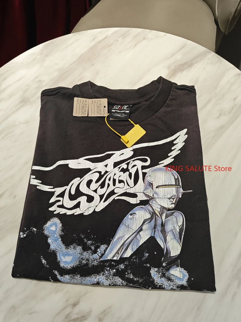 Vintage Series Saint Round Neck Sexy Robot Printed Casual High Quality Oversized T Shirt Harajuku Streetwear Men