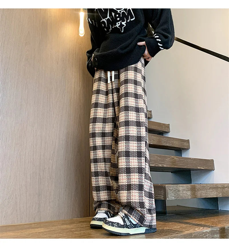 New Y2K Vintage Plaid Baggy Pants Men's High Street Woolen Straight-leg Trousers Autumn Korean Fashion Hip Hop pantalones hombre
