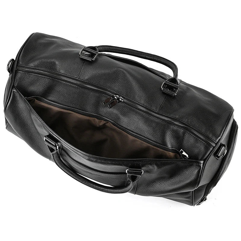 Sac de voyage en cuir véritable de grande capacité pour hommes et femmes, en cuir de vache noir souple, polochon de voyage décontracté, grand sac à bandoulière pour week-end