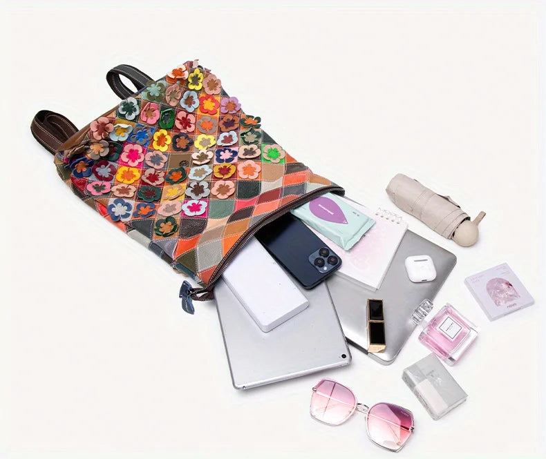 Handmade bag, three-dimensional floral romantic backpack, colorful patchwork retro backpack, luxurious travel experience