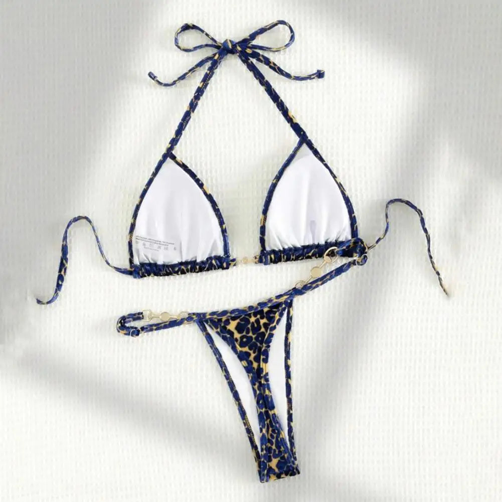 2Pcs/Set Women Bikini Set Leopard Print Halter Bra Faux Pearls Briefs Set Quick Drying Two-piece Lady Swimsuit Beachwear