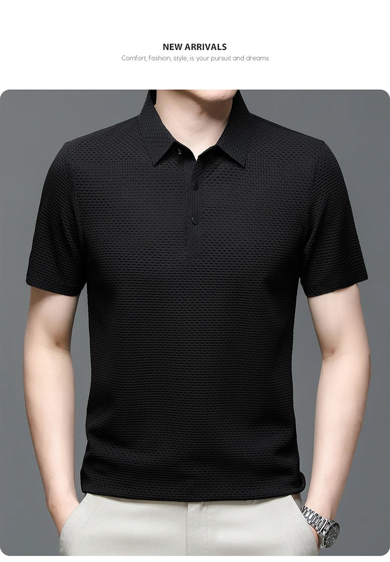 Summer New Men's Lop-up Hollow Short-sleeved Polo Shirt Ice Silk Breathable Business Fashion T-Shirt Male Brand Clothes