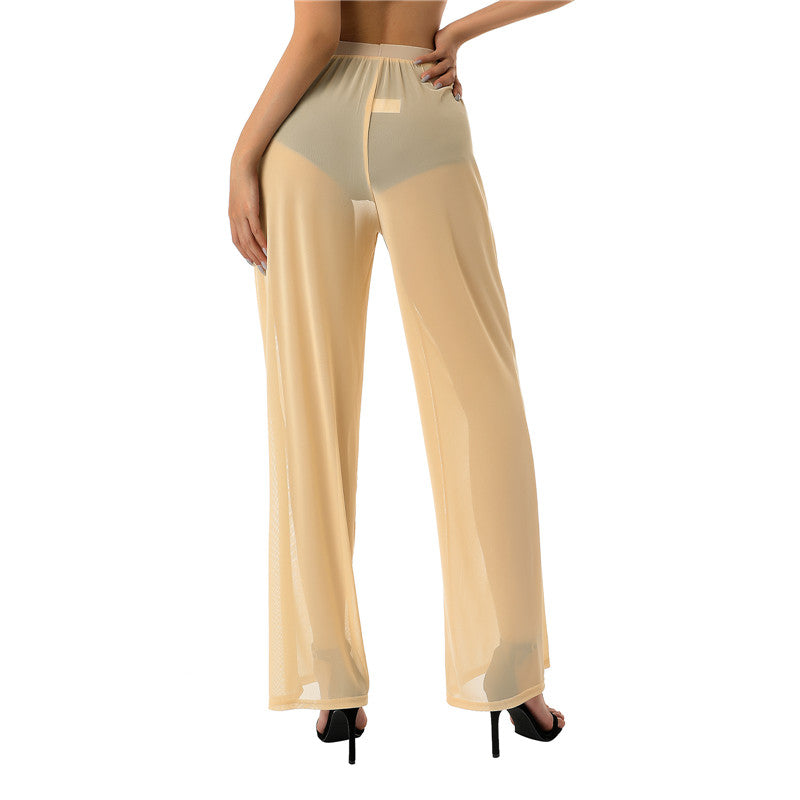 Women See Throug Mesh Cover up Pants Swimsuit Bikini Bottom Cover up Elastic Waist Loose Wide Leg Long Palazzo Pants Trousers