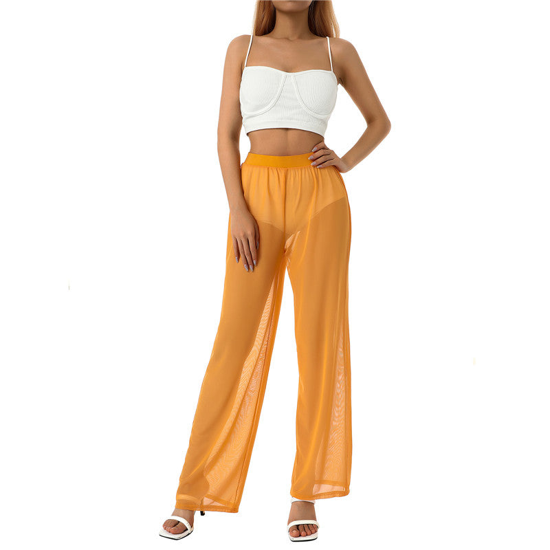 Women See Throug Mesh Cover up Pants Swimsuit Bikini Bottom Cover up Elastic Waist Loose Wide Leg Long Palazzo Pants Trousers