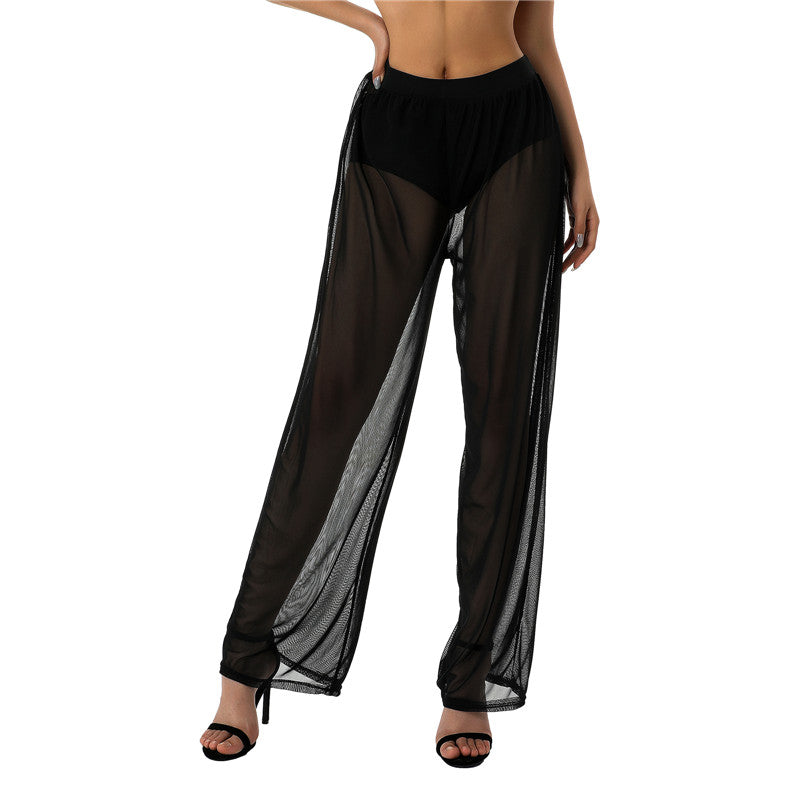 Women See Throug Mesh Cover up Pants Swimsuit Bikini Bottom Cover up Elastic Waist Loose Wide Leg Long Palazzo Pants Trousers