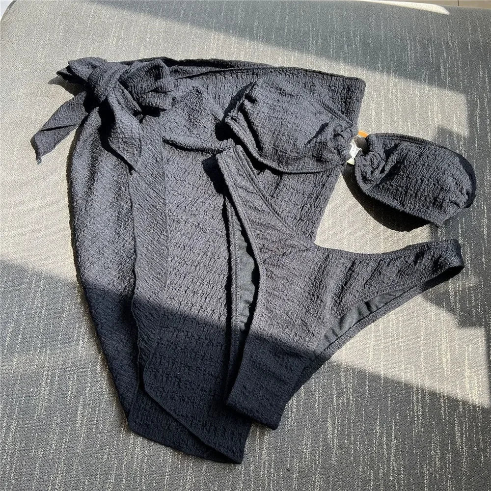 Light Blue Bandeau 3 Piece Bikini Set with Cover Up Texture Swimwear Sexy Swimsuit Women High Cut Bathing Suit Beachwear Bikinis