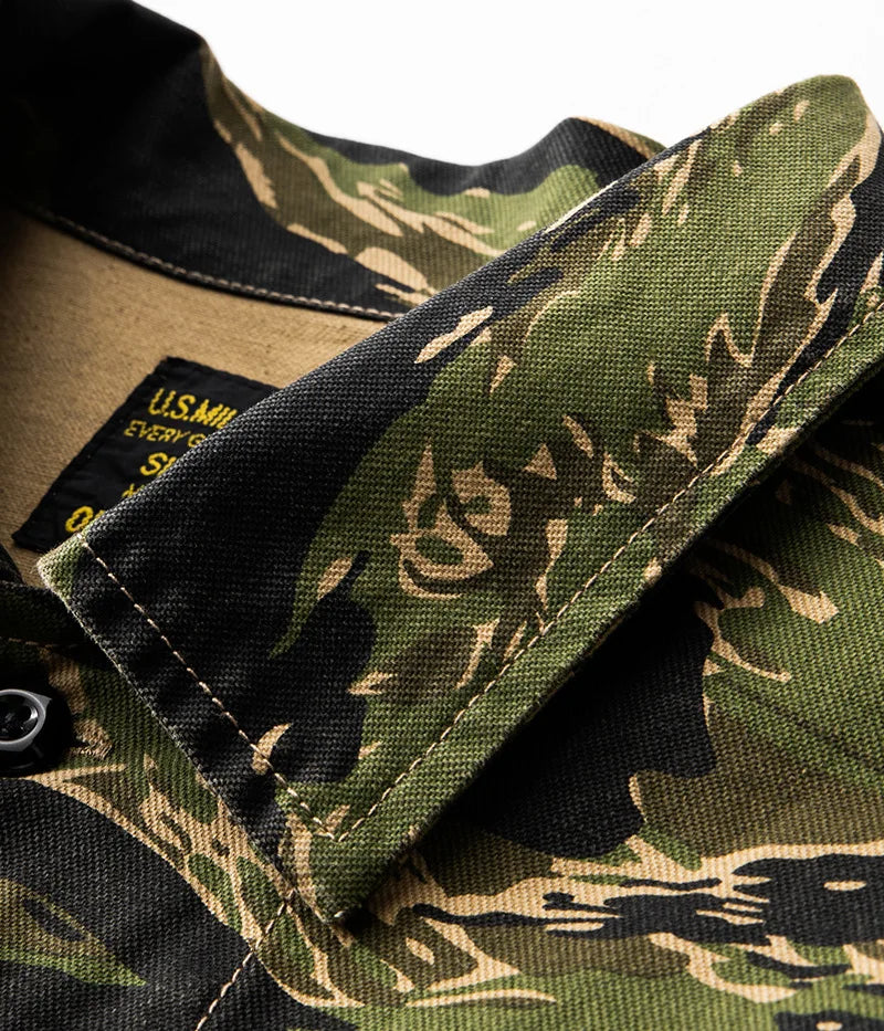 2025 Spring Men's Tiger Stripe Camo Camouflage Cargo Shirt Fashion Work Engineer Long Sleeved Shirt Jacket With Double Pockets