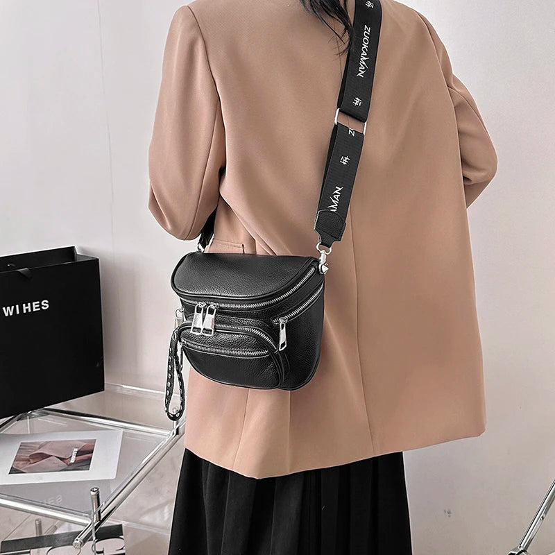 High Quality 100%Natural Cowskin Female Shoulder Crossbody Tote Genuine Leather Saddle Bags For Women Casual Wide Strap Handbags