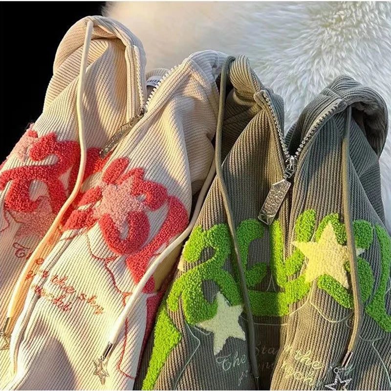 Y2k Zip Up Hoodie Women Spring Retro Embroidered Letter Loose Long Sleeve Tops 2025 Casual Hooded Sweatshirts Harajuku Jackets