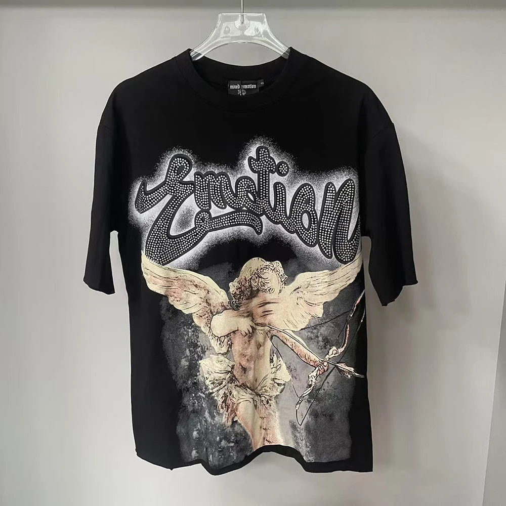 Summer Letter Rhinestone Short Sleeve Tshirts for Men White Streetwear Cotton Loose Crew Neck Top Tees Oversized Unisex Tshirt
