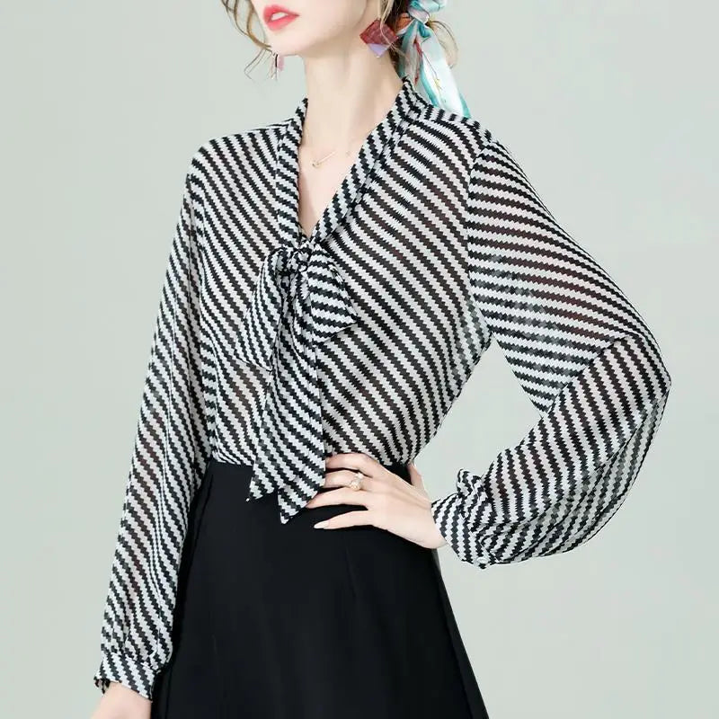 Spring Summer Women Chiffon Shirt Stripe Loose Long Sleeve Bow Office Fashion Urban Cardigan Elegant Women's Blouses 2022 5XL