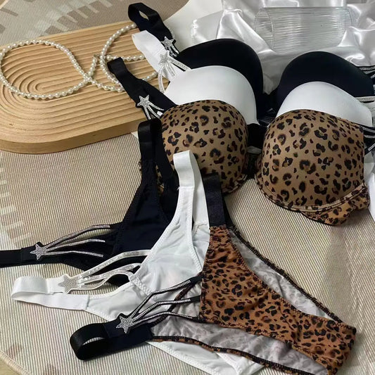 Sexy Bra Set Star Rhinestone Women Bralette Girls Underwear Brassiere Fashion Thong Gather Bras Lingerie Panties Sets