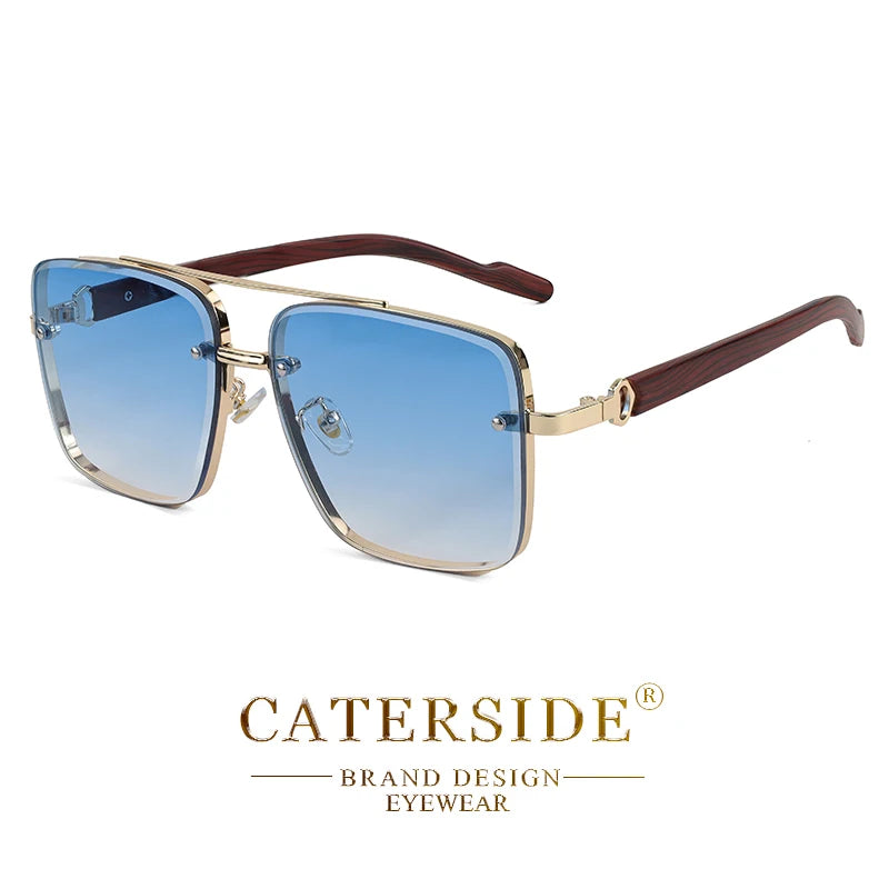 CATERSIDE Retro Wooden Temple Sunglasses Men Square Flat Top Double Bridges Sun Glasses Women Travel Fashion Eyeglass UV400