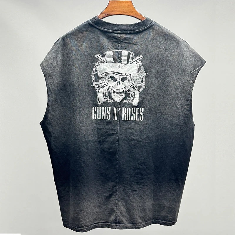 Hip Hop Vintage Washed Black Damaged Hole Tank Men Women Top Quality Cotton Oversized Saint Vest Stitching Sleeveless T Shirt