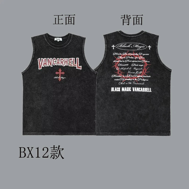 100% Cotton Hiphop Washed and Old Sleeveless T-shirt Men's Trendy Hip-hop Outer Wear Loose Sports Vest