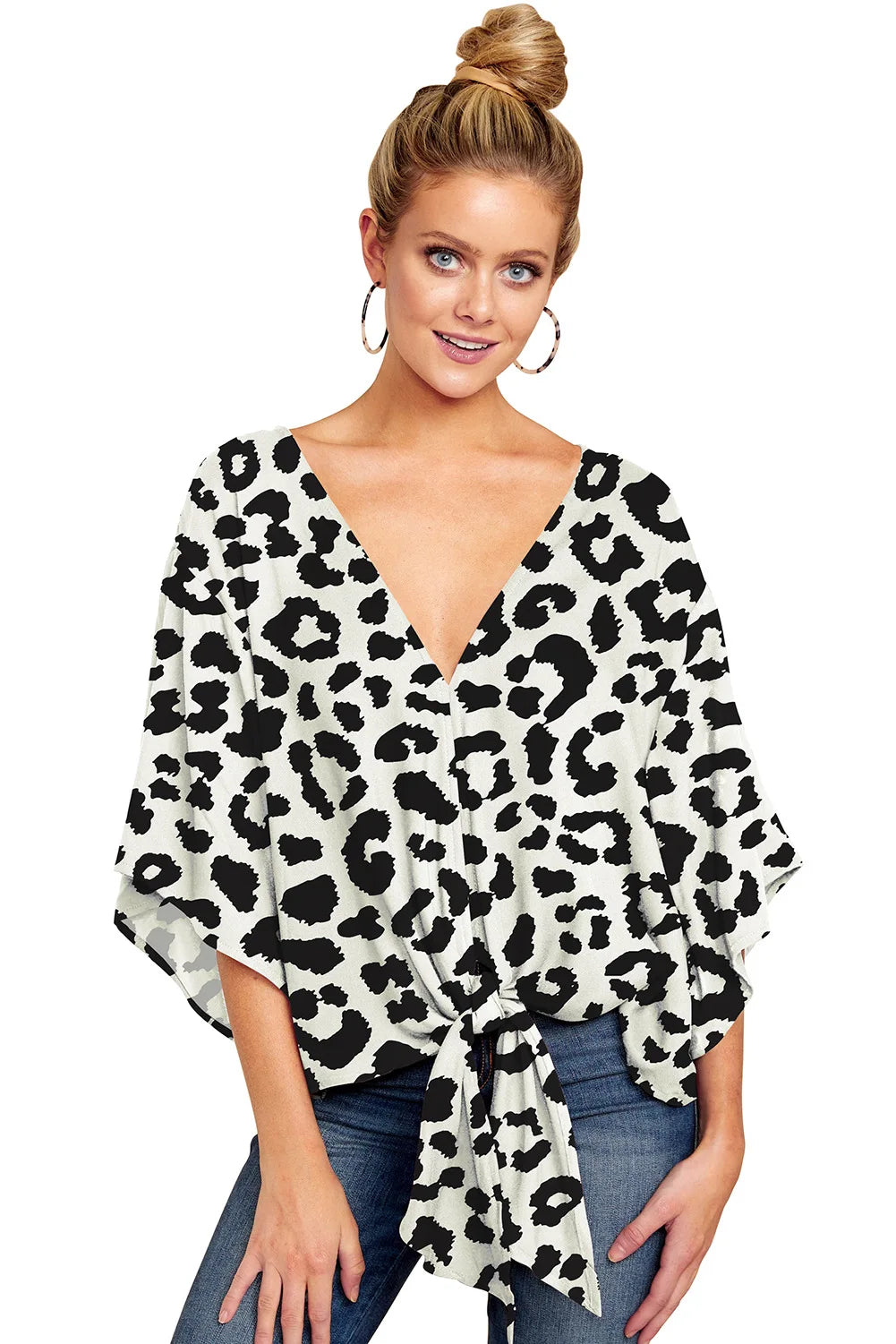 Spring Summer 2024 New Women's Shirt Sexy V-neck Short Sleeved Fashionable Printed Knot Printed  Sleeve Top