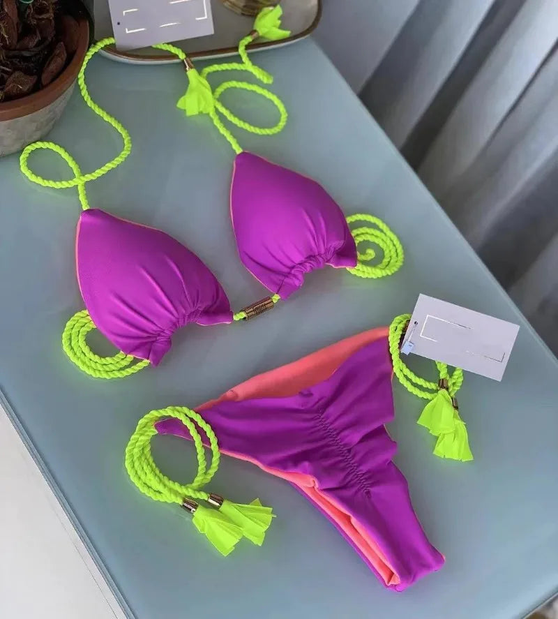Women Bikini Rope Triangle Swimsuit Multicolor Sexy Low Waisted Bikini Set Swimsuit Swimwear Women BeachwearBrazilian biquini