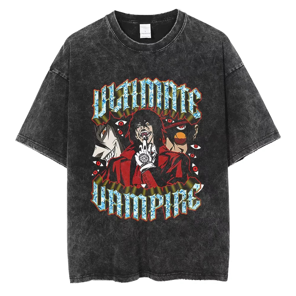 Anime Hellsing Alucard Graphic T Shirt Men Vintage Washed Manga T-shirts Short Sleeve Street Harajuku Casual Cotton Male Tops