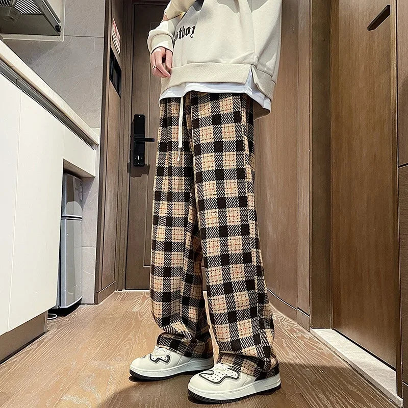 New Y2K Vintage Plaid Baggy Pants Men's High Street Woolen Straight-leg Trousers Autumn Korean Fashion Hip Hop pantalones hombre