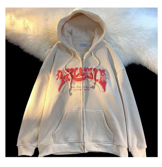 Y2k Zip Up Hoodie Women Spring Retro Embroidered Letter Loose Long Sleeve Tops 2025 Casual Hooded Sweatshirts Harajuku Jackets