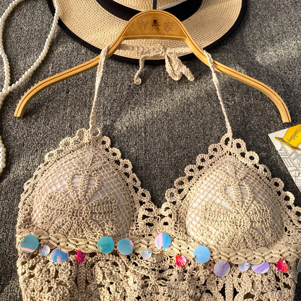 Spicy Girl Sexy Knitted Camisoles for Women Beach Halter Tanks with Built In Bra Backless Casual Corset Crop Tops Y2k Dropship