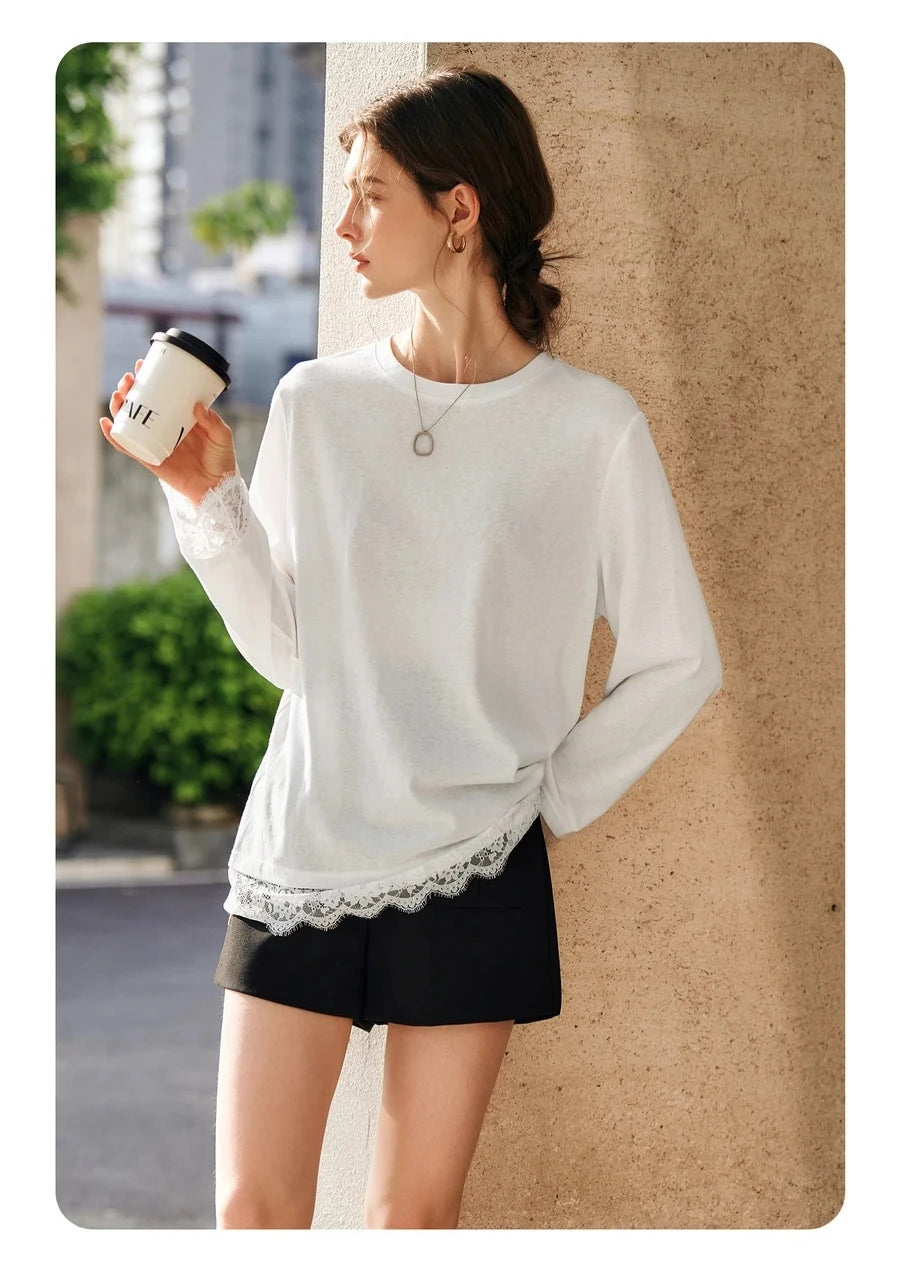 OLrain Cotton White T-shirt Women 2025 Autumn Casual Loose Tee Shirt Crewneck Lace Long Sleeve Tops Woman Clothing N57CT95669