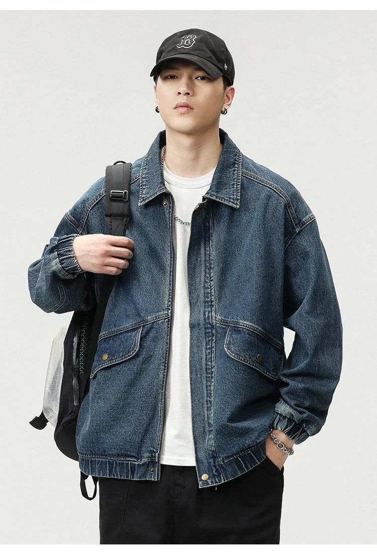 2023 Autumn Men's Denim Jacket Vintage Large Pocket Elastic Cuffs Baggy Coat Oversized Japanese Casual Streetwear 4XL 5XL