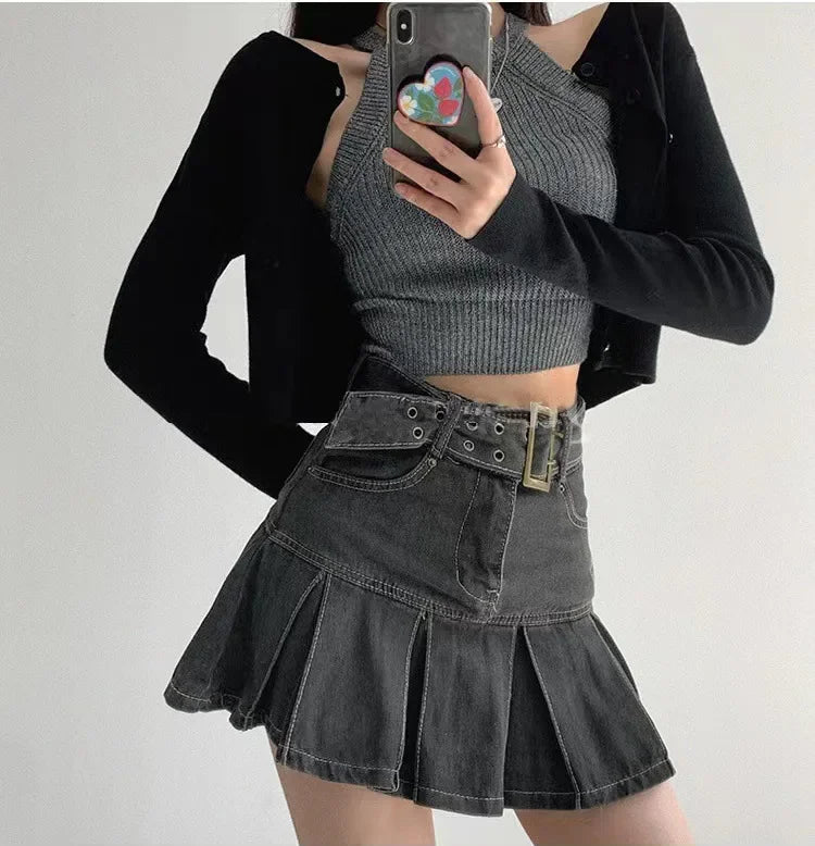 High Waist Denim Mini Skirt for Women Summer American Style Retro Pleated A- Line Short Skirt Trendy Cotton Denim Skirts