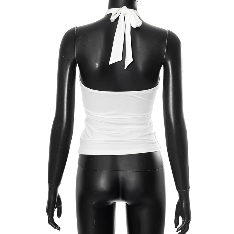 CUTENOVA Women'S Solid Color Hanging Neck Tie Hollow Out Metal Ring Strapless Backless Tank Top Summer New Fashion Street Tank