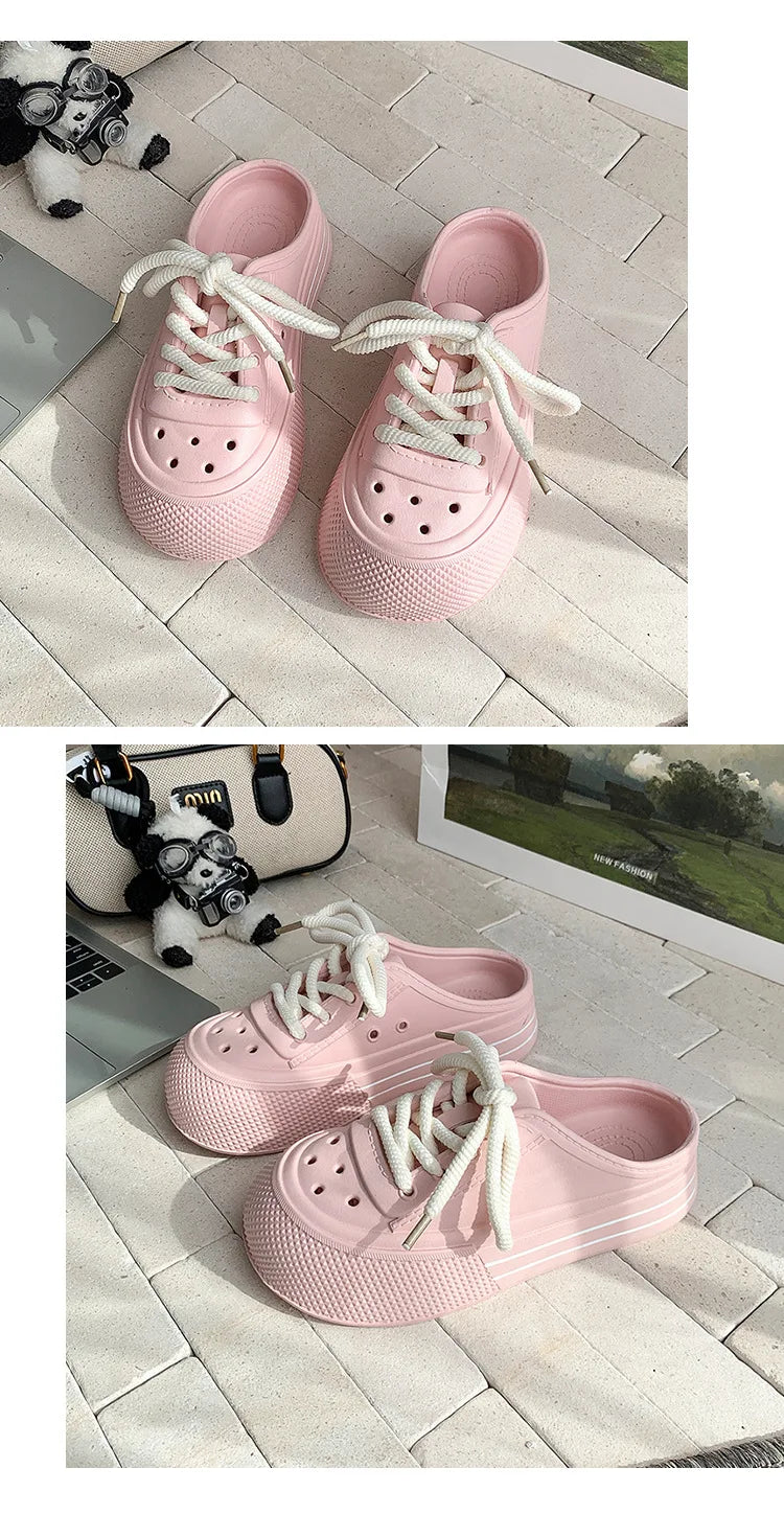 Women Fashion Clogs Lace-up Platform Slippers Summer Shoes Soft EVA Anti-slip Female Beach Street Slides Thick Sole Sandals