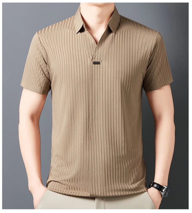 High quality personality texture stripe short sleeve polo shirt summer ice silk breathable buttonless men's solid color T-shirt