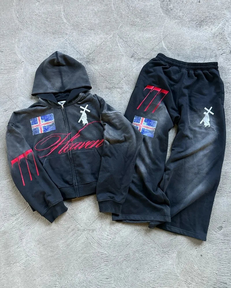 New Trendy Brand Harajuku Streetwear Men's Two-piece Set High Street Retro Casual Zipper Hoodie Vintage Casual Sweatshirt Women
