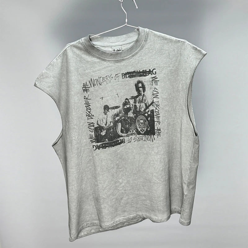 Hip Hop Vintage Washed Black Damaged Hole Tank Men Women Top Quality Cotton Oversized Saint Vest Stitching Sleeveless T Shirt