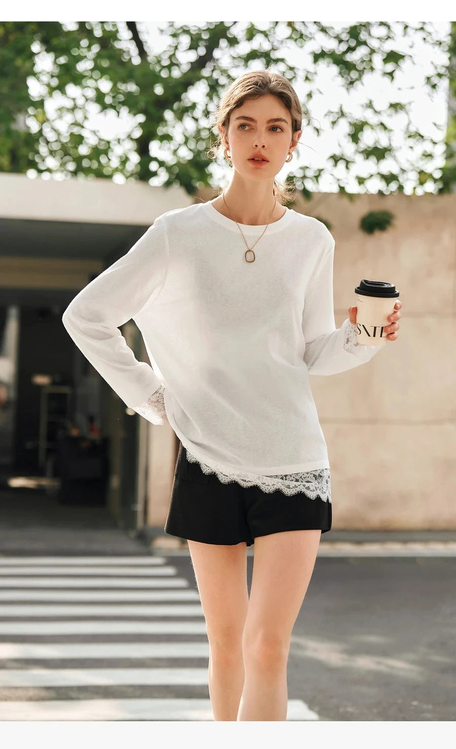 OLrain Cotton White T-shirt Women 2025 Autumn Casual Loose Tee Shirt Crewneck Lace Long Sleeve Tops Woman Clothing N57CT95669