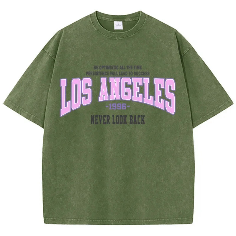 Cotton Washed T-Shirts Trend Distressed Loose Tees Los Angeles 1996 Printing Short Sleeve Summer  Clothes