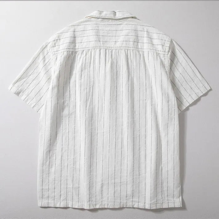 Men's Cuban Collar Linen Shirt - Summer Japanese-Inspired Retro Hong Kong Style Striped Casual Short-Sleeve Shirt with Jacquard