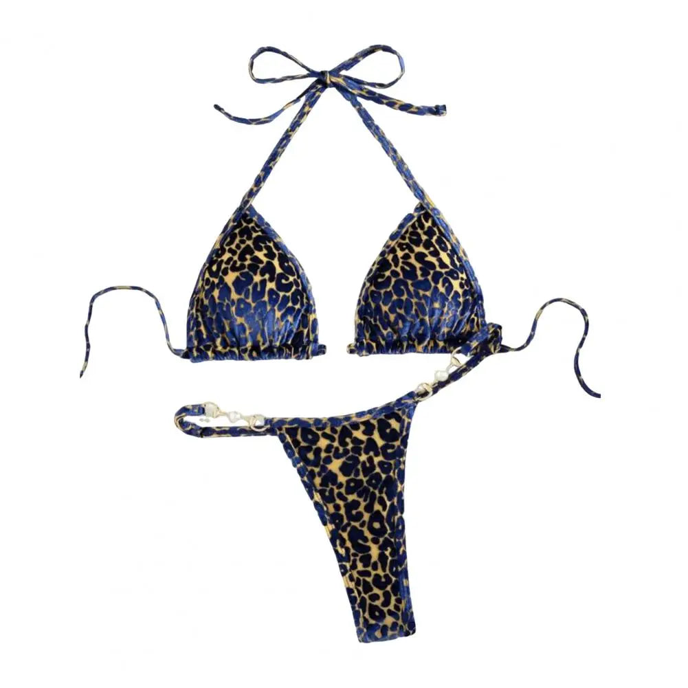 2Pcs/Set Women Bikini Set Leopard Print Halter Bra Faux Pearls Briefs Set Quick Drying Two-piece Lady Swimsuit Beachwear