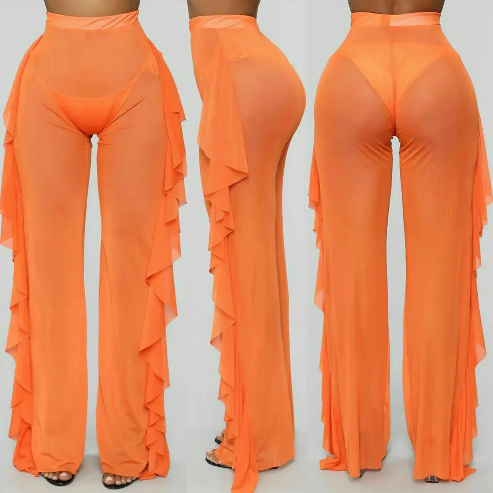 New Women Sexy Transparent Pants High Waist See Through Mesh Sheer Summer Beach Long Pants Bandage Solid Trousers 4 Colors S-XXL