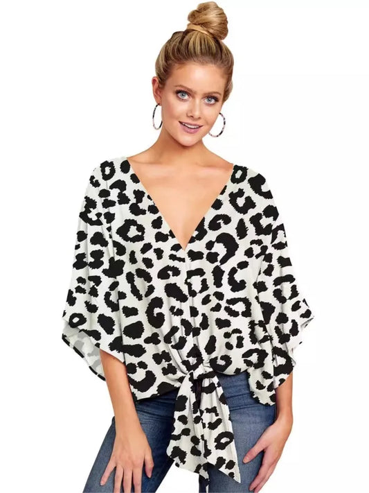 Spring Summer 2024 New Women's Shirt Sexy V-neck Short Sleeved Fashionable Printed Knot Printed  Sleeve Top
