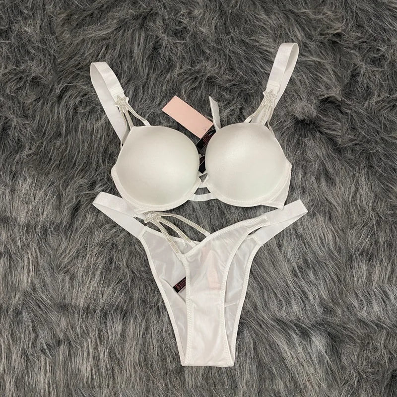 Sexy Bra Set Star Rhinestone Women Bralette Girls Underwear Brassiere Fashion Thong Gather Bras Lingerie Panties Sets