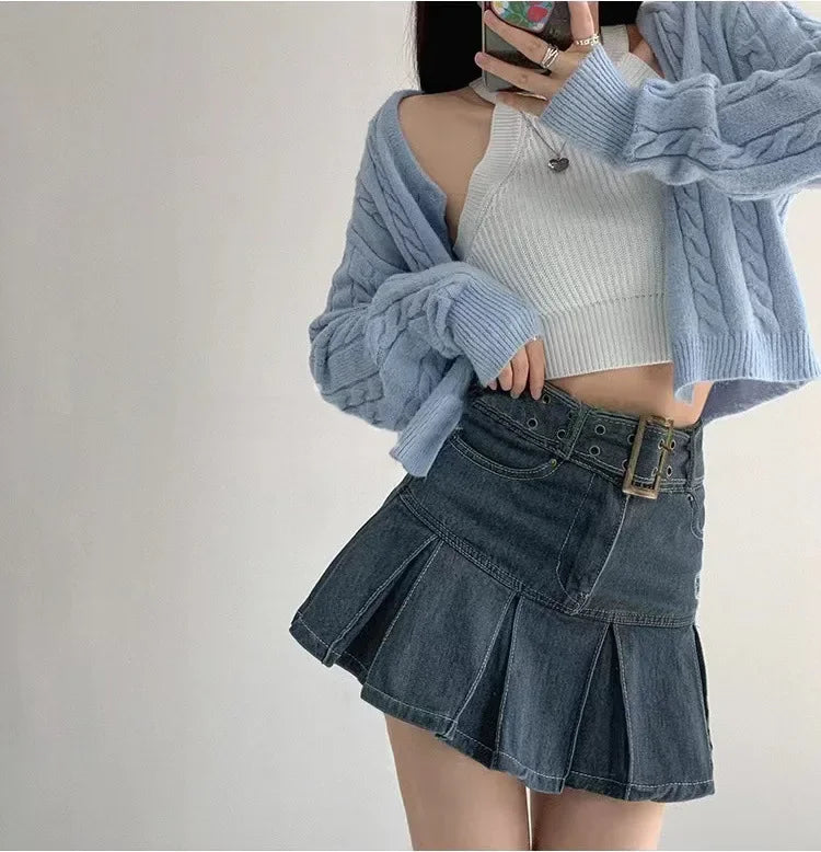 High Waist Denim Mini Skirt for Women Summer American Style Retro Pleated A- Line Short Skirt Trendy Cotton Denim Skirts