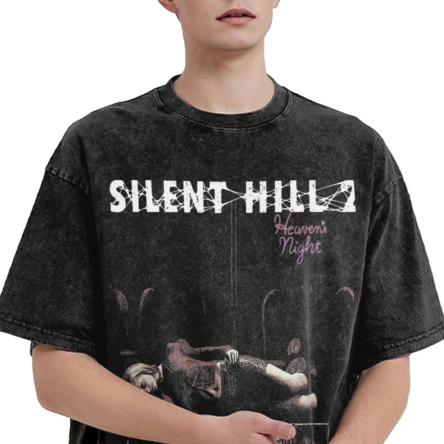 Washed T Shirts Horror Silent Hill Heavens Night Hip Hop T-Shirt Street  Streetwear Short Sleeve Printed Tops Tees Men Women