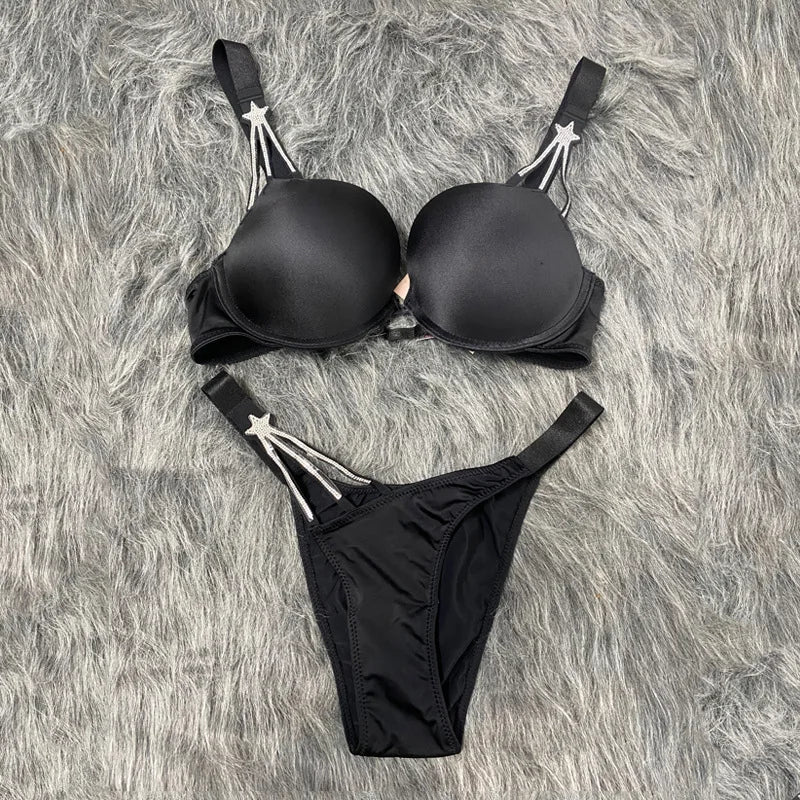 Sexy Bra Set Star Rhinestone Women Bralette Girls Underwear Brassiere Fashion Thong Gather Bras Lingerie Panties Sets